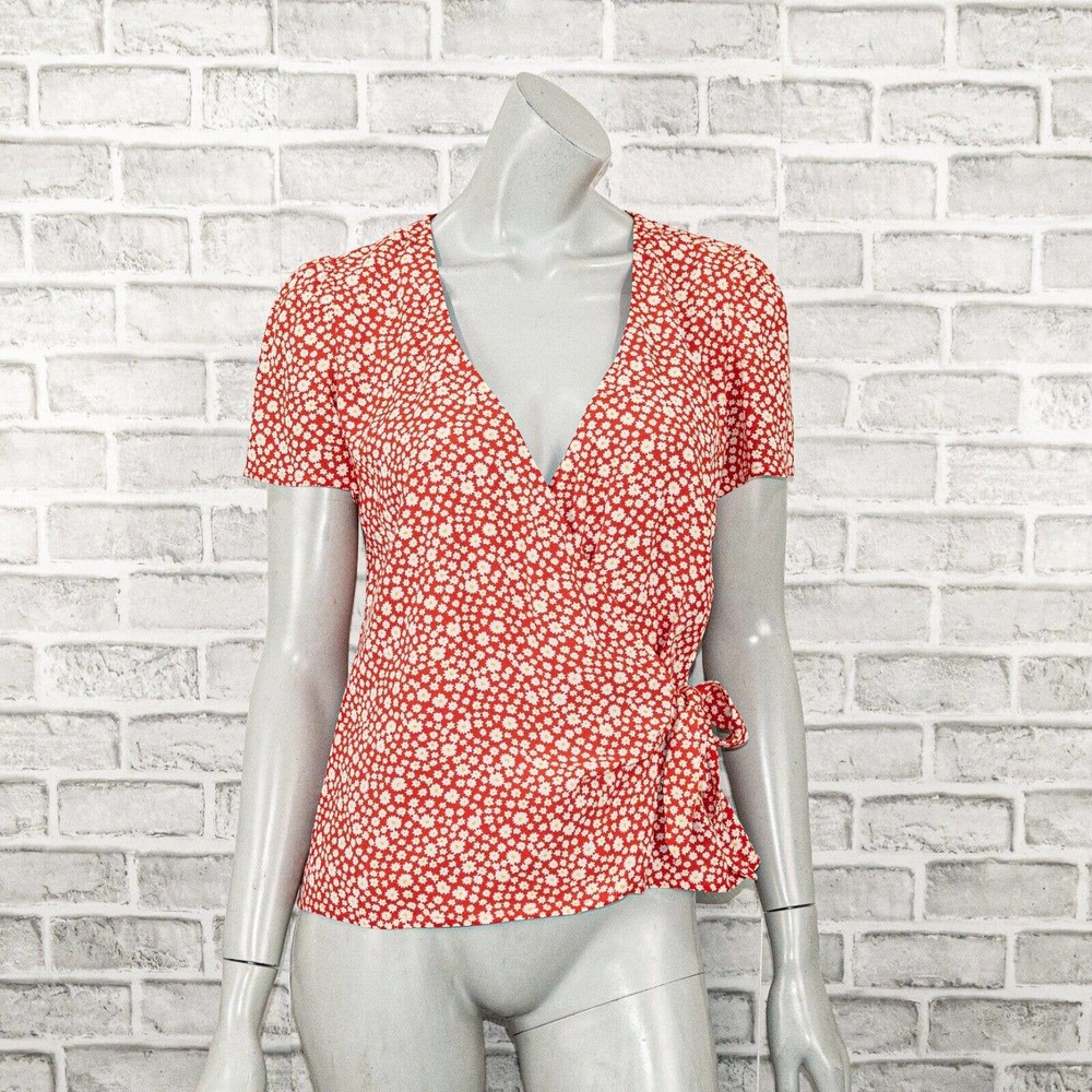 Sezane Women's Olumpia Vneck Wrap Blouse in Red Daisy Print Size 36